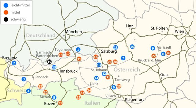 Übersichtskarte mit Eintragung der Wander- und Hüttentouren in Bayern, Österreich und Südtirol