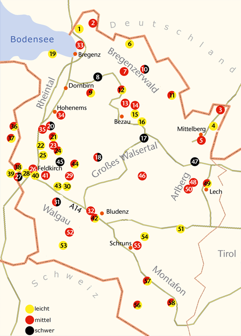 Übersichtskarte Abenteuer Natur Vorarlberg Übersichtskarte Abenteuer Natur Vorarlberg mit Eintragung der Familienwanderungen in den verschiedenen Schwierigkeitsgraden