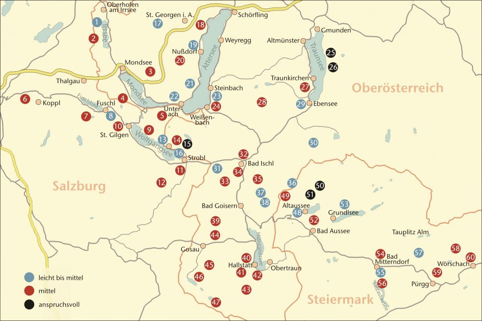 Übersichtskarte Abenteuer Natur Salzkammergut mit Eintragung der Familienwanderungen in den verschiedenen Schwierigkeitsgraden