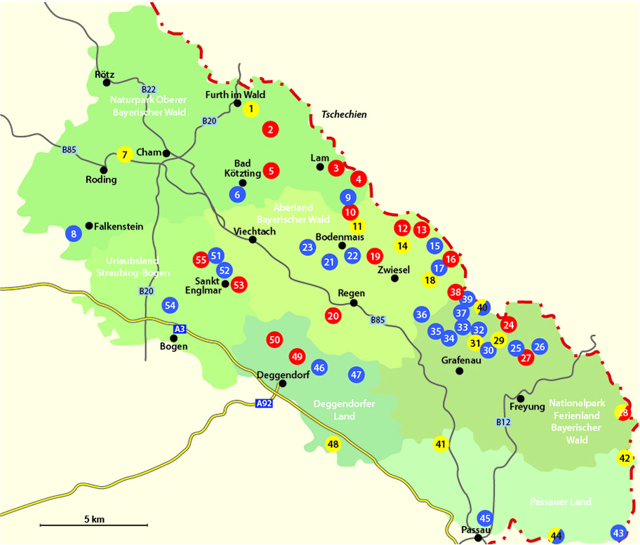 Übersichtskarte mit Eintragung der Kinderwagen- und Tragetouren Bayerischer Wald