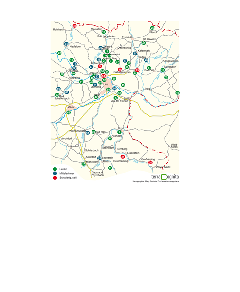 Übersichtskarte Kinderwagenwanderungen und Tragetouren Oberösterreich, Großraum Linz Übersichtskarte mit Eintragung der Kinderwagen- und Tragetouren Oberösterreich, Großraum Linz