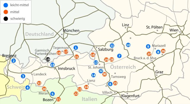 Übersichtskarte Wander- und Hüttenurlaub, Trekking für alle in Bayern, Österreich und Südtirol Übersichtskarte mit Eintragung der Wander- und Hüttentouren in Bayern, Österreich und Südtirol