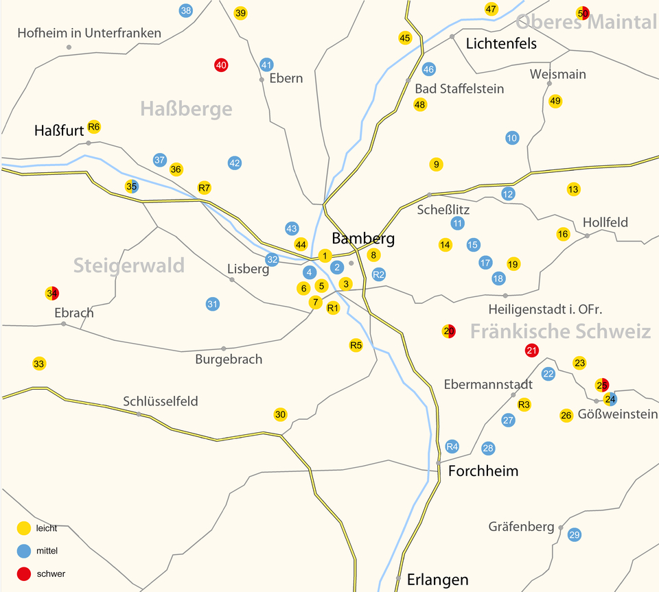 Übersichtskarte Kinderwagenwanderungen und Tragetouren Fränkische Schweiz/Bamberg Übersichtskarte mit Eintragung der Kinderwagen- und Tragetouren Fränkische Schweiz/Bamberg