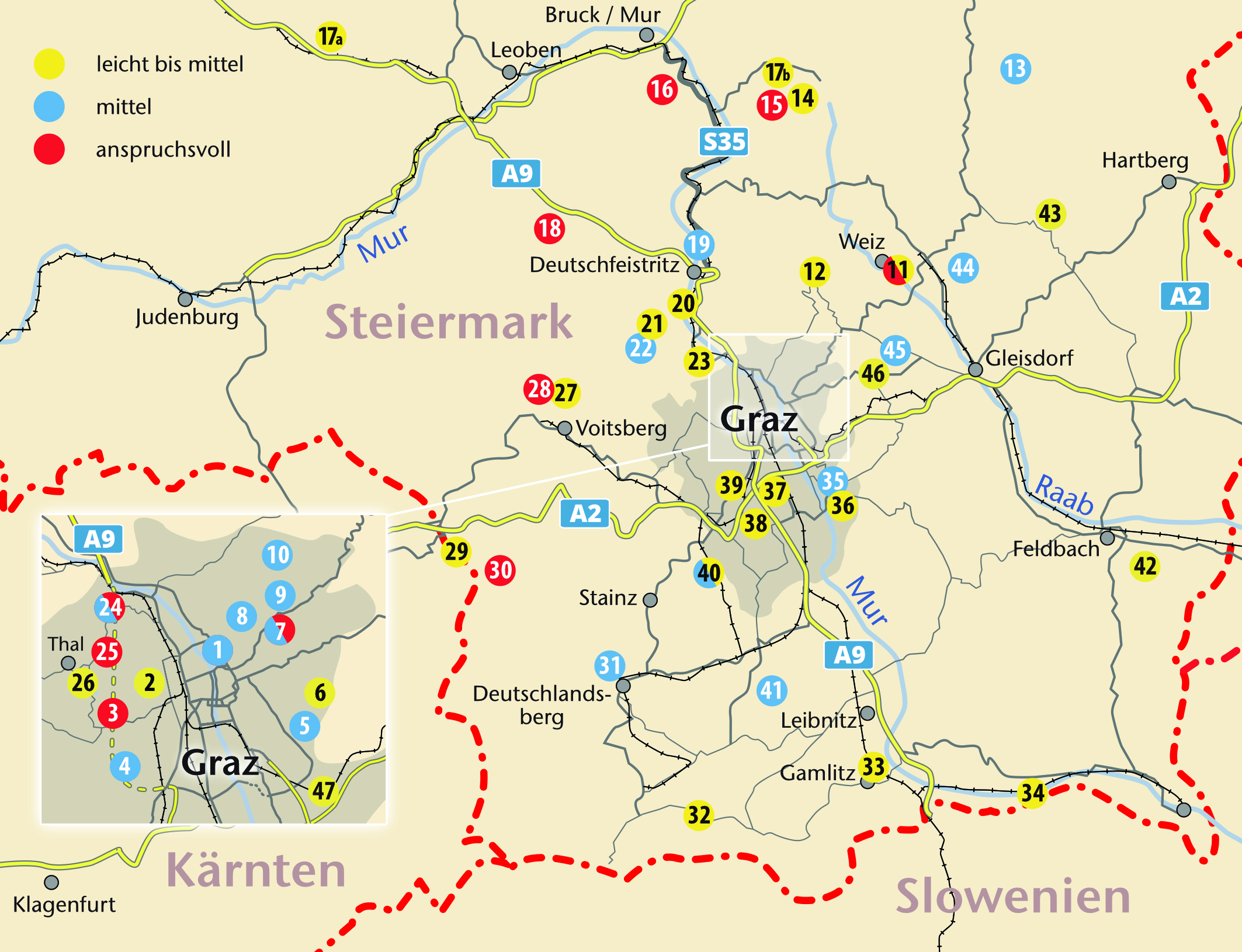 Übersichtskarte der Kinderwagen- & Tragetouren in Graz und Umgebung, sowie Süd- und Oststeiermark Karte von Graz und Umgebung mit Eintragung der Tournummern in den drei Schwierigkeitsgraden: leicht, mittel, schwer.