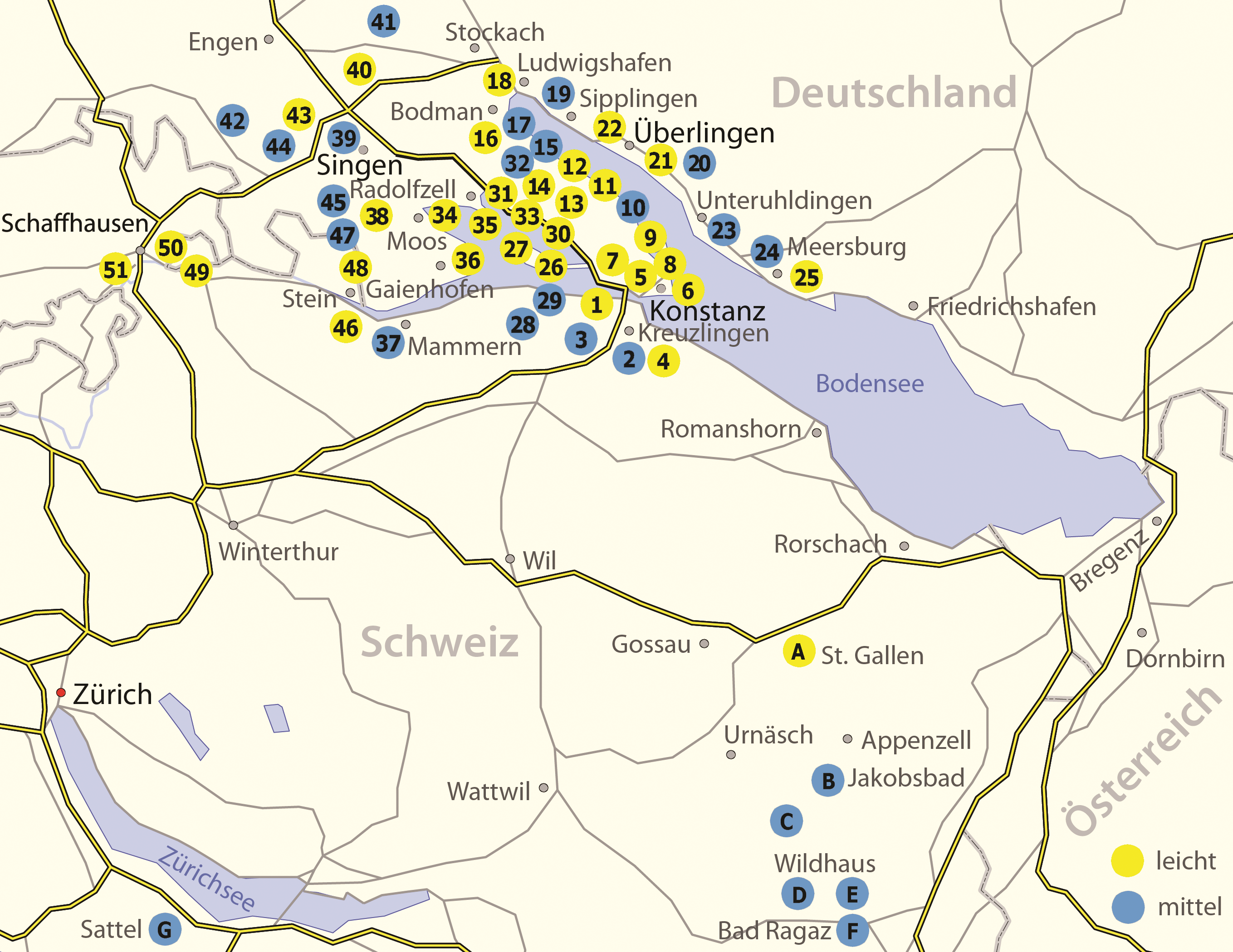 Übersichtskarte Kinderwagenwanderungen und Tragetouren westlicher Bodensee Übersichtskarte mit Eintragung der Kinderwagen- und Tragetouren westlicher Bodensee