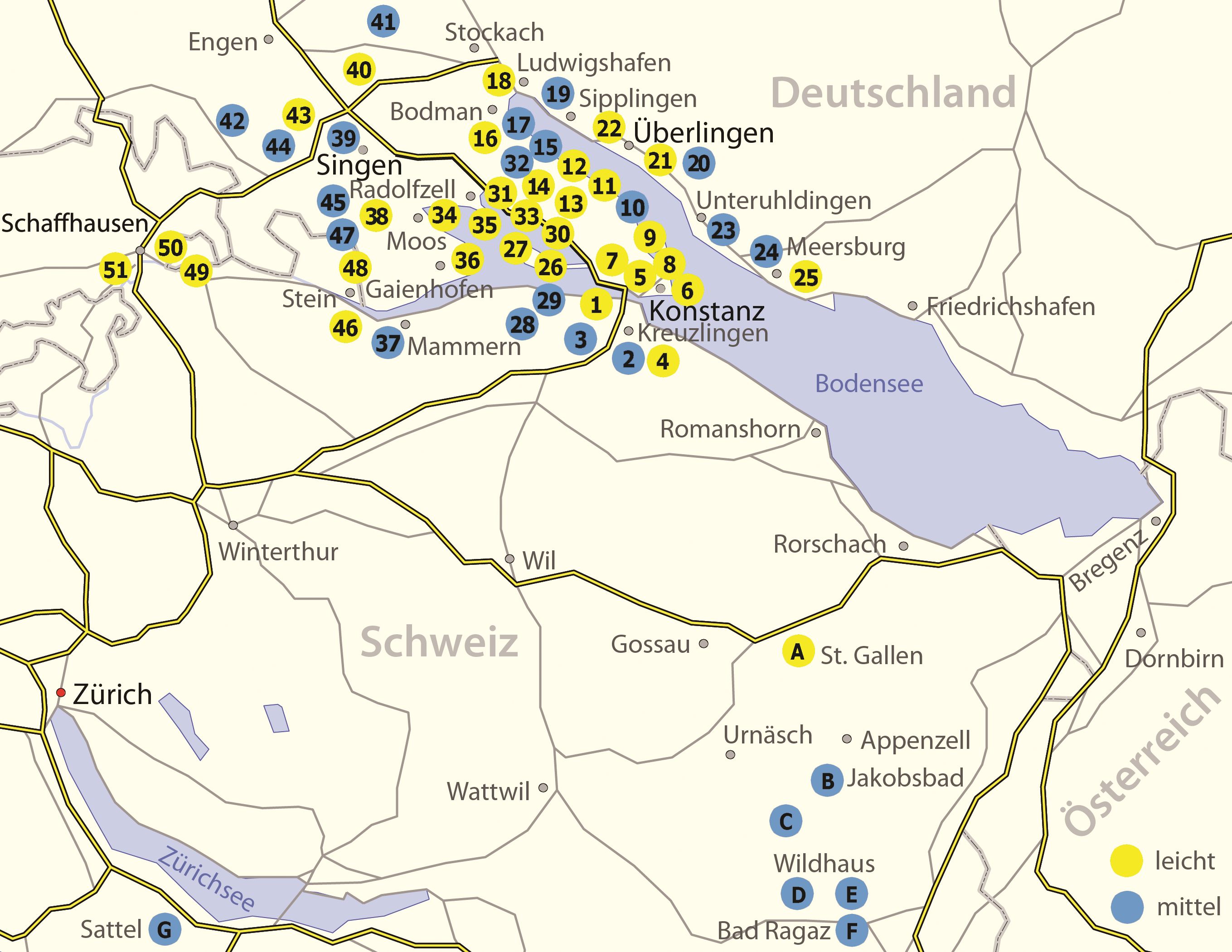 Übersichtskarte mit Eintragung der Kinderwagen- und Tragetouren westlicher Bodensee